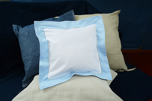 Square Hemstitch Baby Pillow 12" x 12 White with Baby Blue color